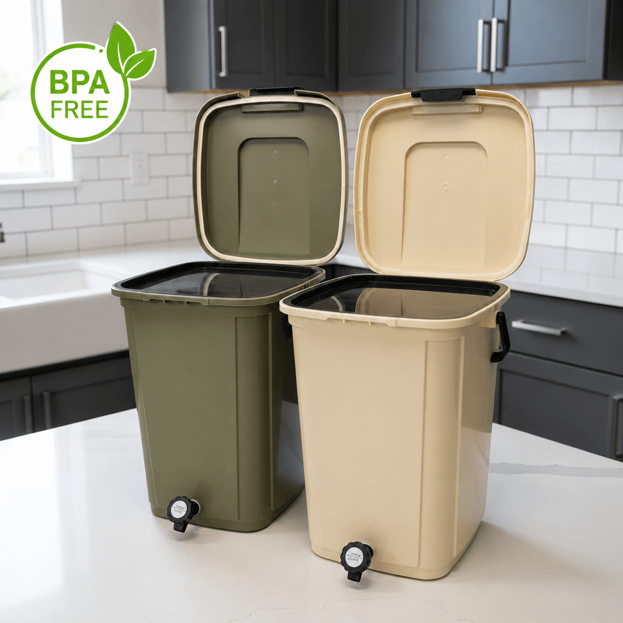 Two trash bins, one green and one beige, on a kitchen counter with a BPA-free label.
