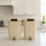 Large beige kitchen bokashi compost bins on a kitchen counter