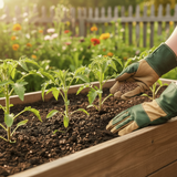 Person sprinkling Gardening Naturally bone meal pellets in a garden bed with a wooden border.