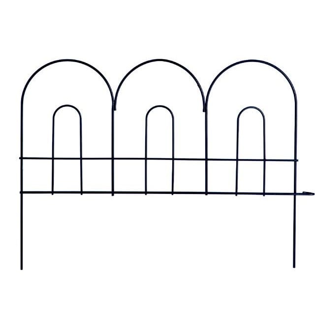 A black, arched garden border edging black metal
