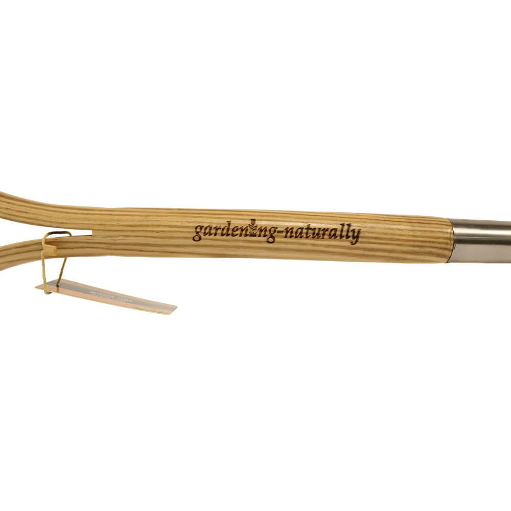 Bamboo garden fork handle with 'gardening-naturally' engraving