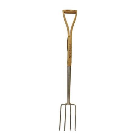 Garden fork with wooden handle on a white background
