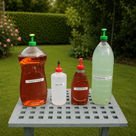 Four large plastic squeeze bottles with pump tops arranged on a gray metal garden table outdoors on a green lawn. The bottles are labelled.