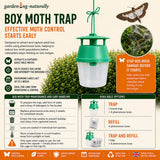 Box moth trap with product details and usage instructions on a gardening-themed background.