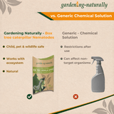Comparison chart between Gardening Naturally box tree caterpillar nematodes and a generic chemical solution on a beige background.