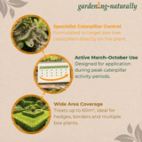 Gardening naturally product description with images of caterpillars and a garden on a beige background.