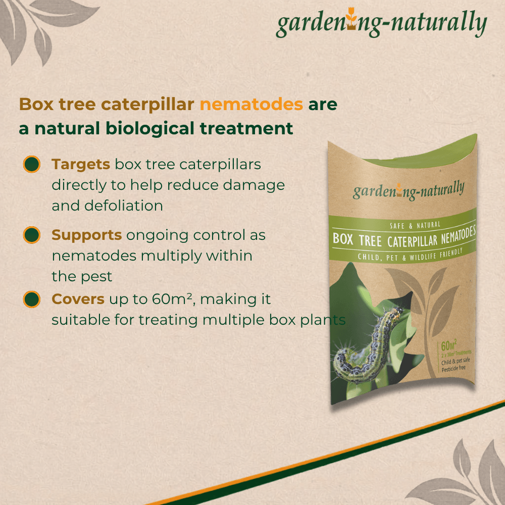 Product packaging for box tree caterpillar nematodes with text on a beige background