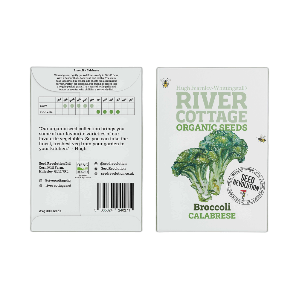 Two packages of River Cottage Organic Seeds for Broccoli Calabrese on a white background