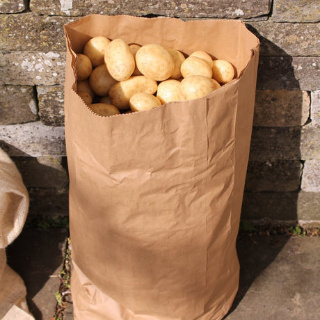 Brown paper potato sack full of potatoes stood against a Cotswold stone wall