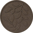 A circular brown stepping stone with a large imprinted leaf design in the center.