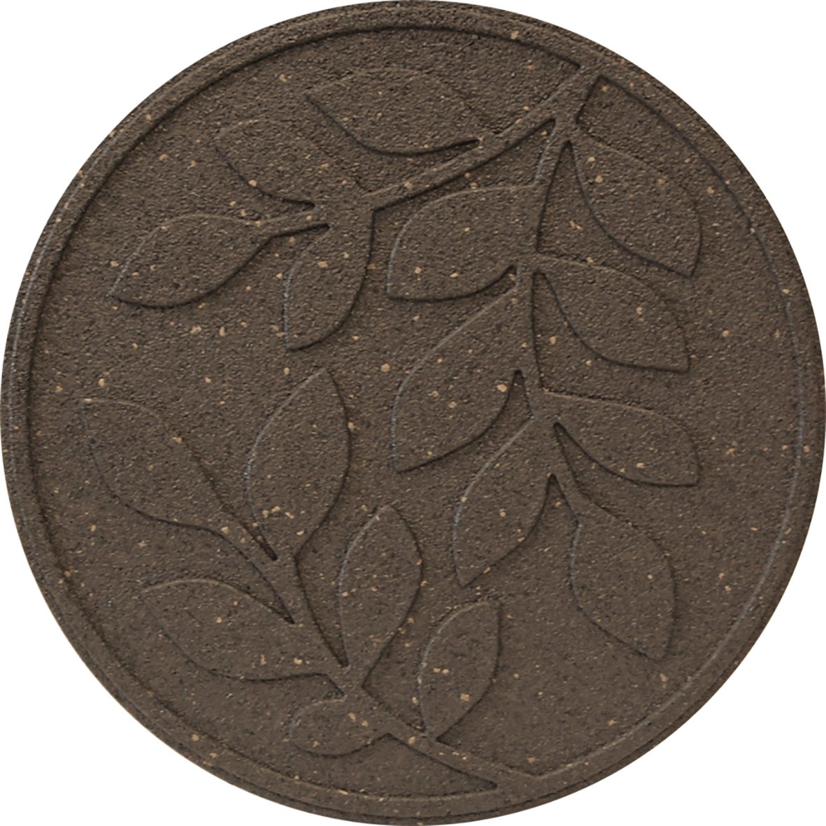A circular brown stepping stone with a large imprinted leaf design in the center.