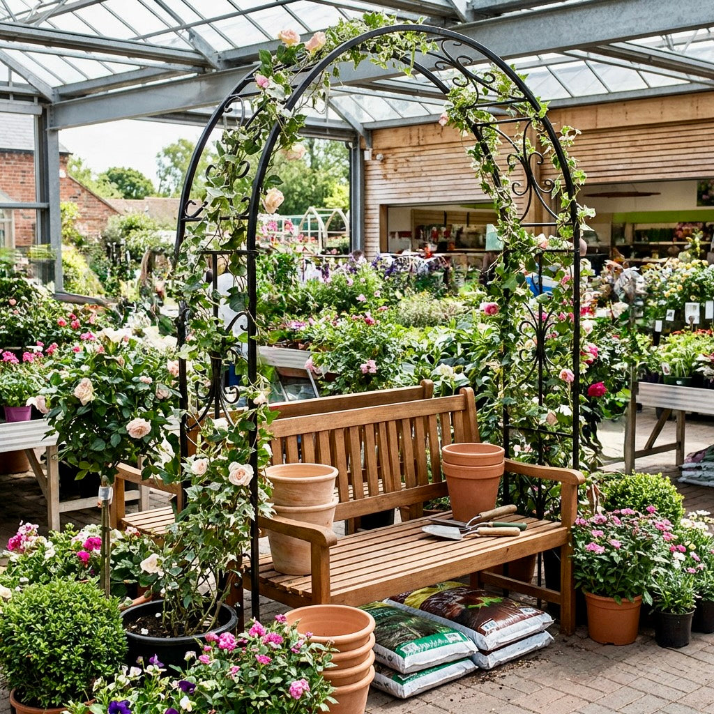 Gardening center with wooden bench, potted plants, and a metal archway.