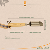 A bulb planter tool with dimensions and a cork background