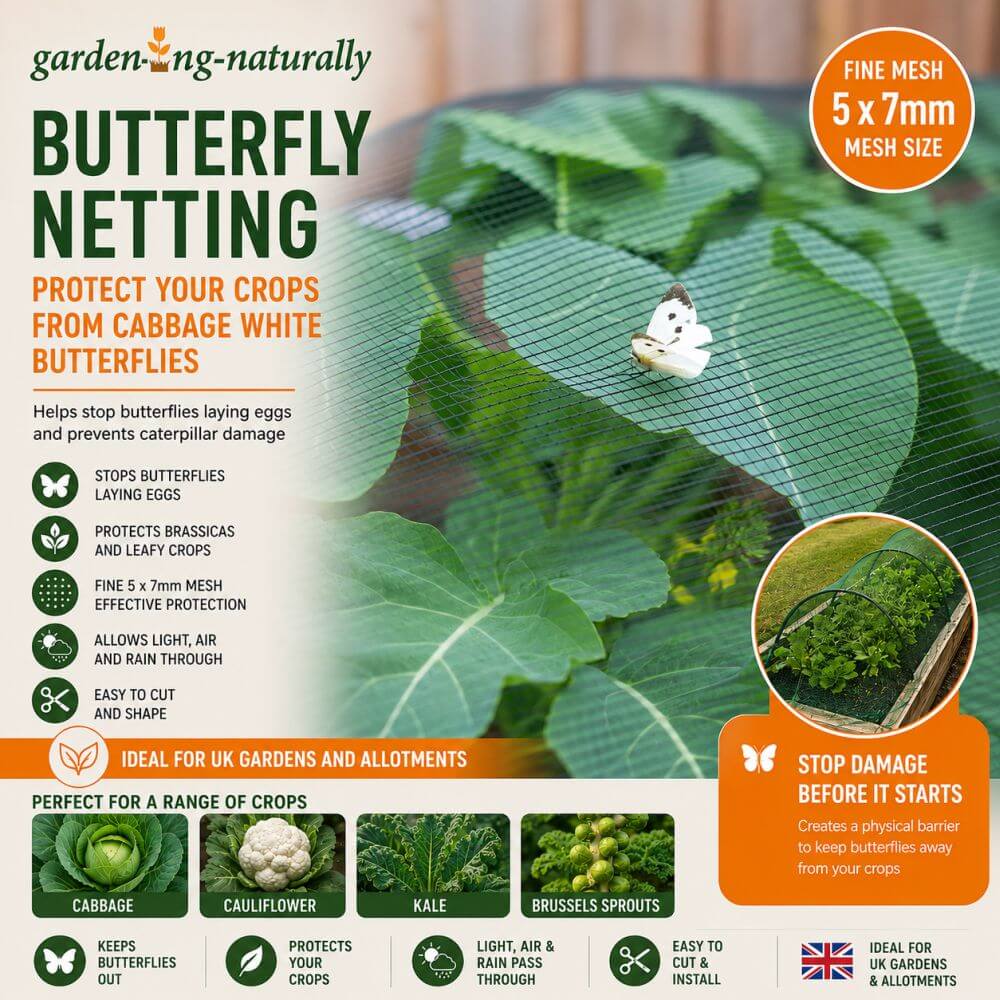 Butterfly netting product with green leaves and a butterfly, featuring text about its use and benefits.