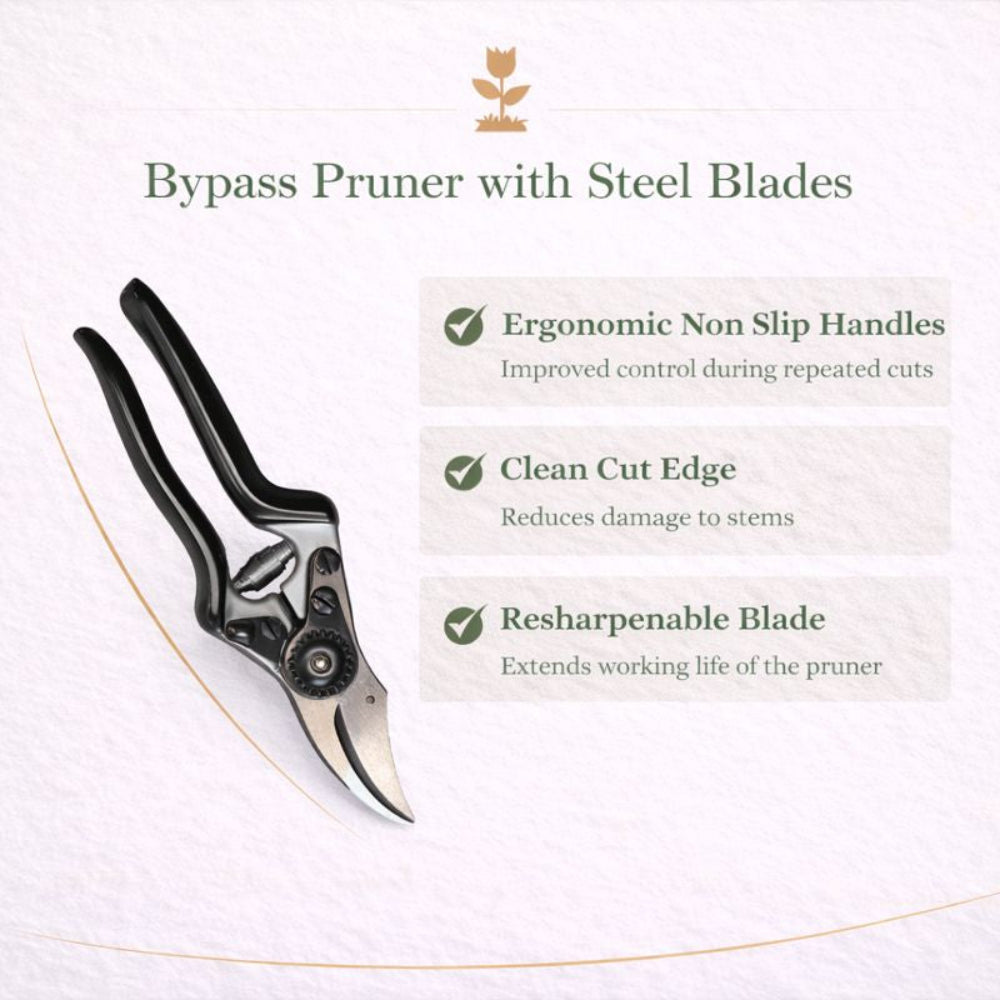 Bypass pruner with steel blades on a white background with text detailing features.
