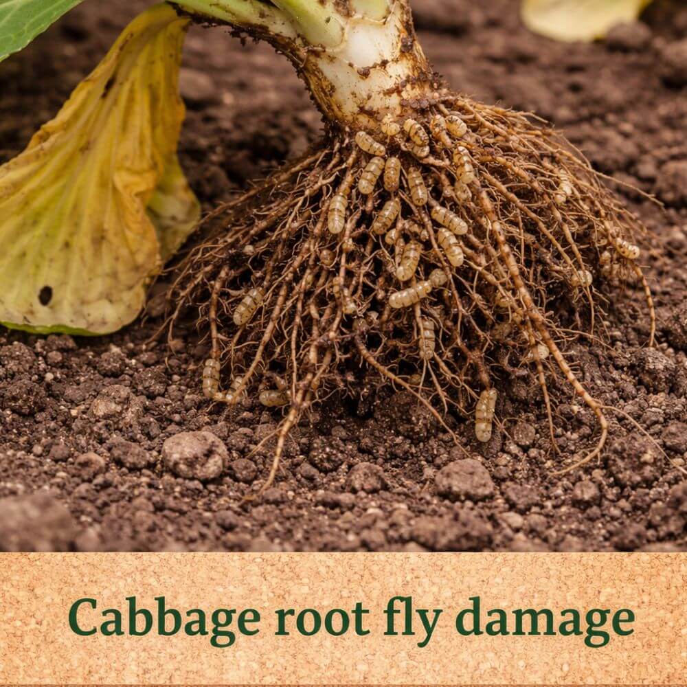 Cabbage root with visible root damage caused by cabbage root fly on soil background.