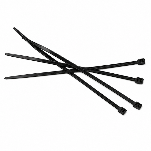 A group of black cable ties arranged on a light background.