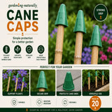 Gardening naturally cane caps with bamboo stakes and green caps against a garden background.