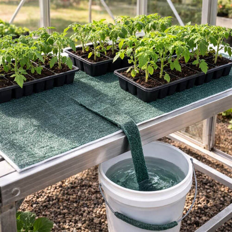 Tray of seedlings being watered with capillary matting from a bucket of water 