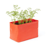 Orange fabric planter with carrot plants on a white background