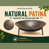 Cast iron fire pit showing the natural weathered patina that develops over time