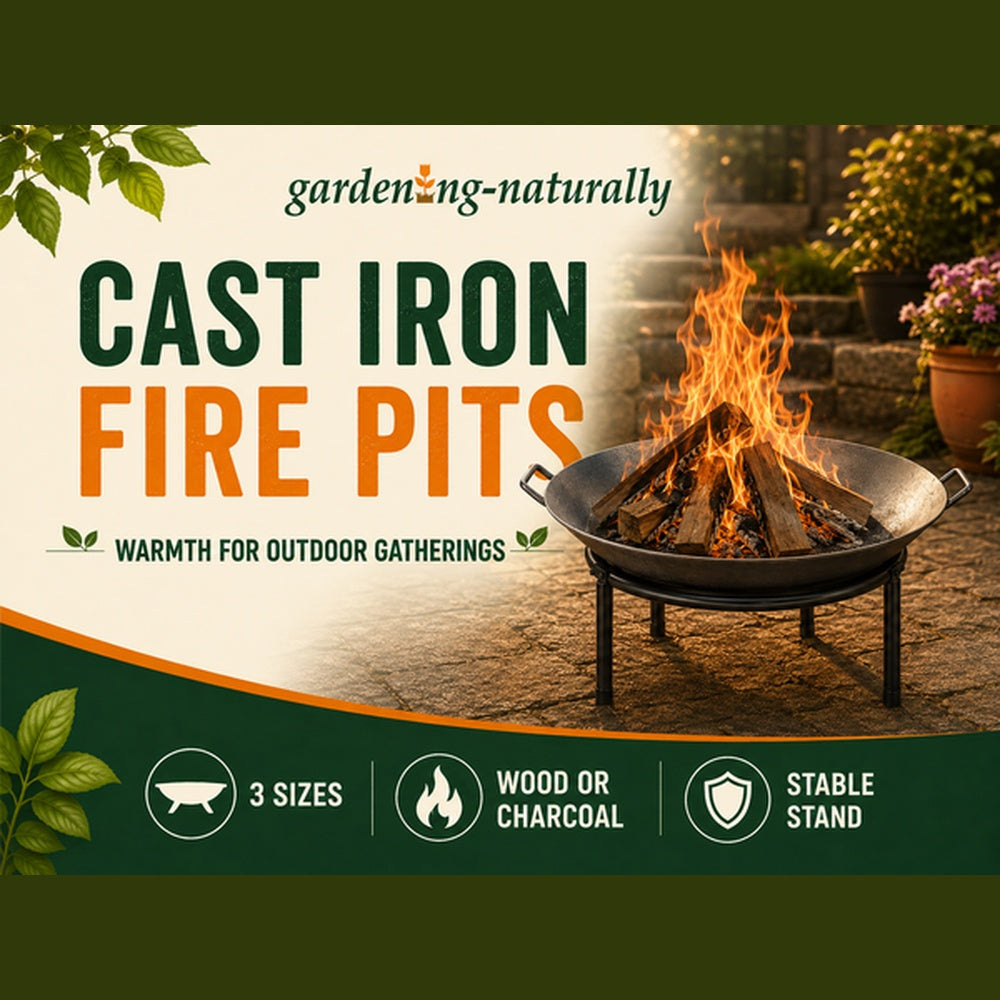 Cast iron fire pit with burning logs in an outdoor garden setting