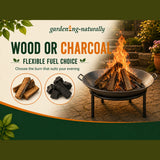 Cast iron fire pit burning wood outdoors, suitable for use with wood or charcoal
