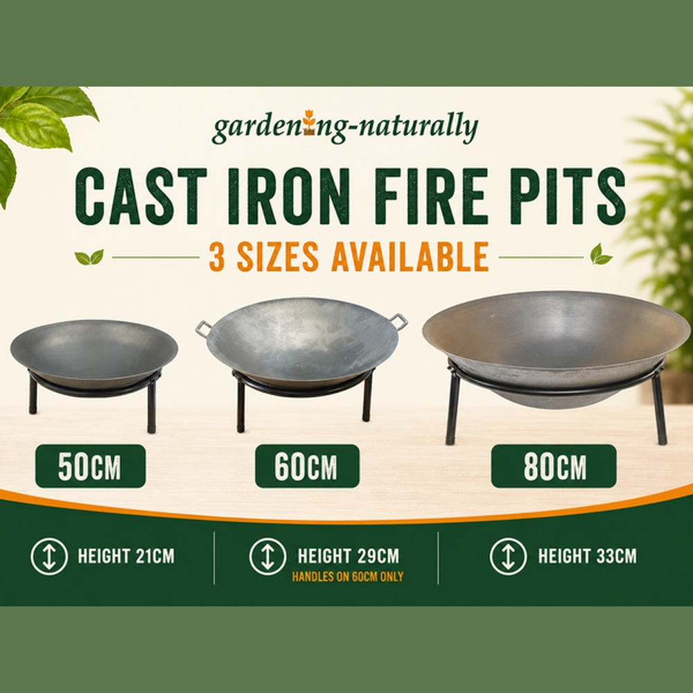 Cast iron fire pits available in 50cm, 60cm and 80cm sizes with stable supporting stands
