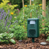 Green cat repeller in a garden with plants and flowers.