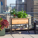 Cedar elevated planter with trellis on a balcony containing plants, with a cityscape in the background.
