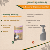Comparison chart between Gardening Naturally and Generic Chemical Solution for chafer grub nematodes on a beige background.