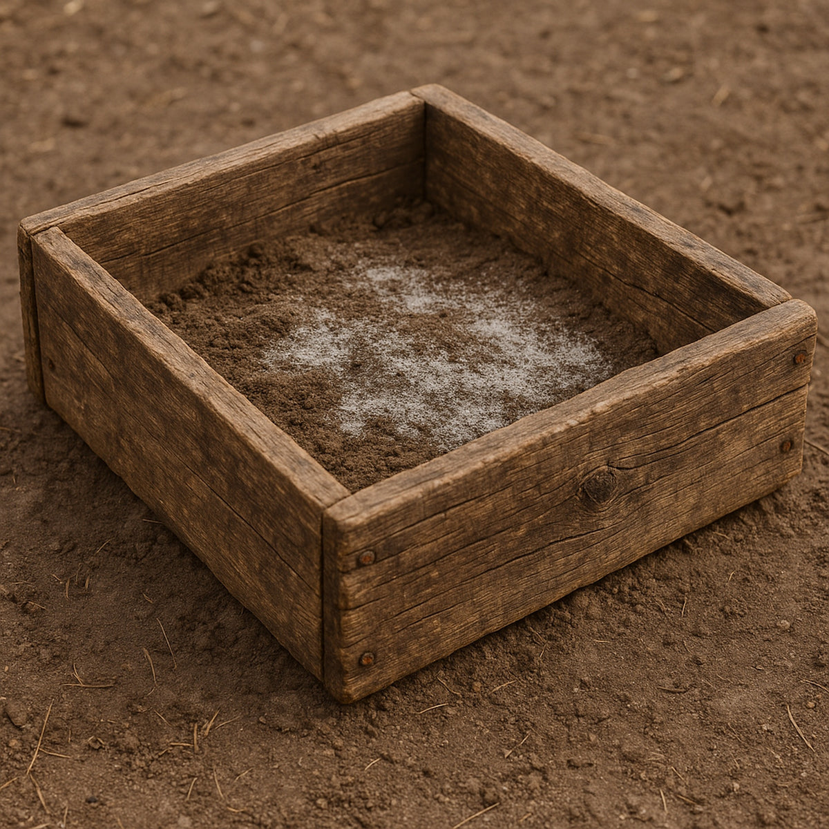 A square rustic wooden box filled with diatomaceous earth
