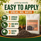 A bag of gardening-naturally chicken manure pellets shown next to a pile of dark brown pellets in soil, with text reading 'EASY TO APPLY' and three step icons for spread evenly, mix into soil, and water well.
