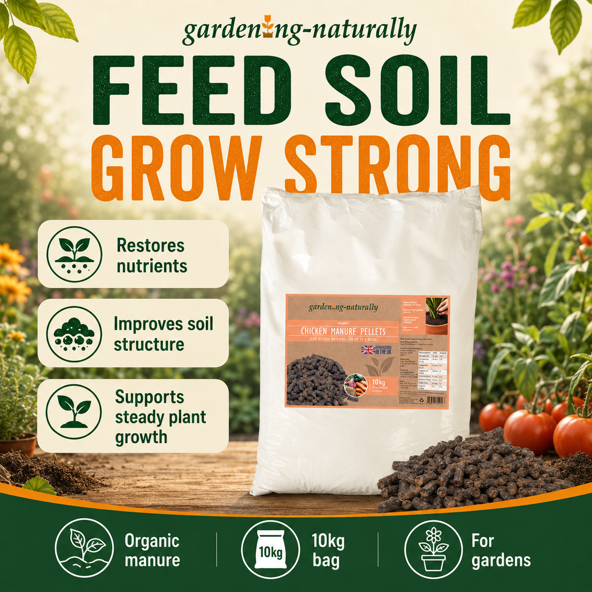 A bag of gardening-naturally Chicken Manure Flush organic fertilizer shown in a garden-themed promotional graphic with text reading 'Feed Soil Grow Strong' and icons for nutrients, soil structure, plant growth support, organic manure, 10kg bag, and for gardens.