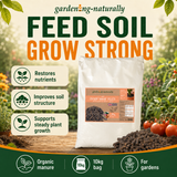 A bag of gardening-naturally Chicken Manure Flush organic fertilizer shown in a garden-themed promotional graphic with text reading 'Feed Soil Grow Strong' and icons for nutrients, soil structure, plant growth support, organic manure, 10kg bag, and for gardens.