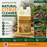 Natural Citrus Cleaner bottle with gardening-themed text and images on a green background
