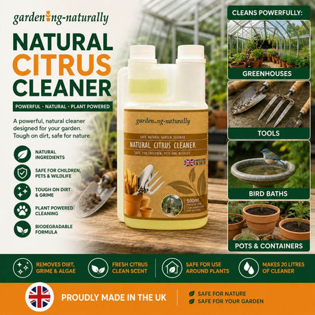 Natural Citrus Cleaner bottle with gardening-themed text and images on a green background