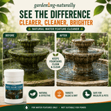 Advertisement for natural water feature cleaner showing before and after effects on a fountain.