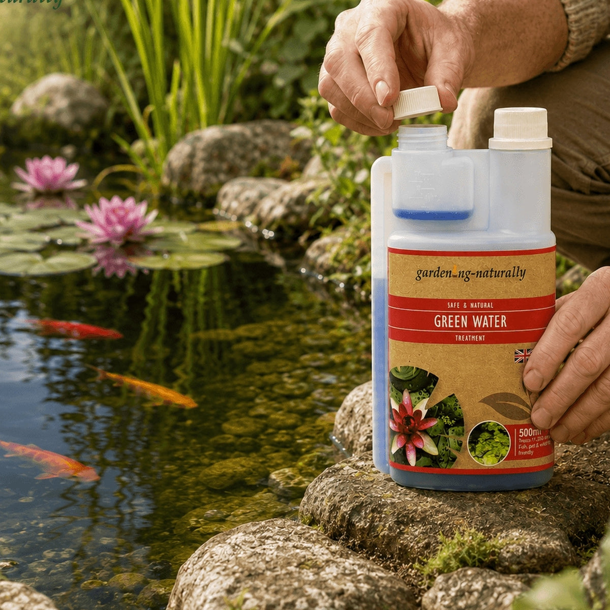 A person holds a bottle of garden-ng-naturally Green Water pond treatment next to a koi pond with lily pads, pink water lilies, and koi fish.