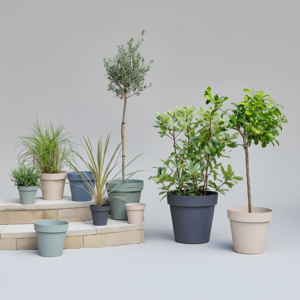 Collection of potted plants in various sizes and colors on a neutral background