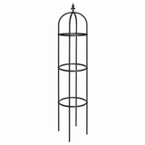 Black metal plant stand with three tiers on a white background