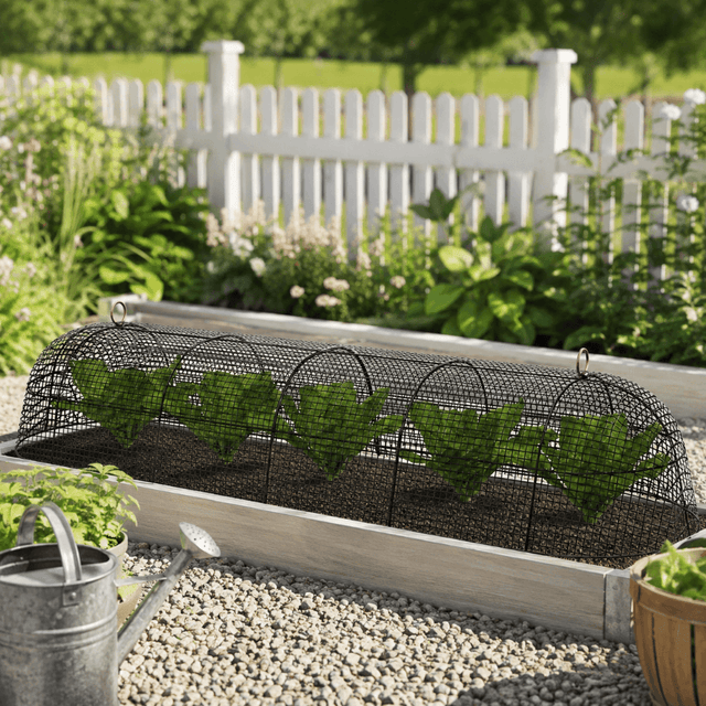 Garden bed with wire mesh cover and plants, white picket fence in the background