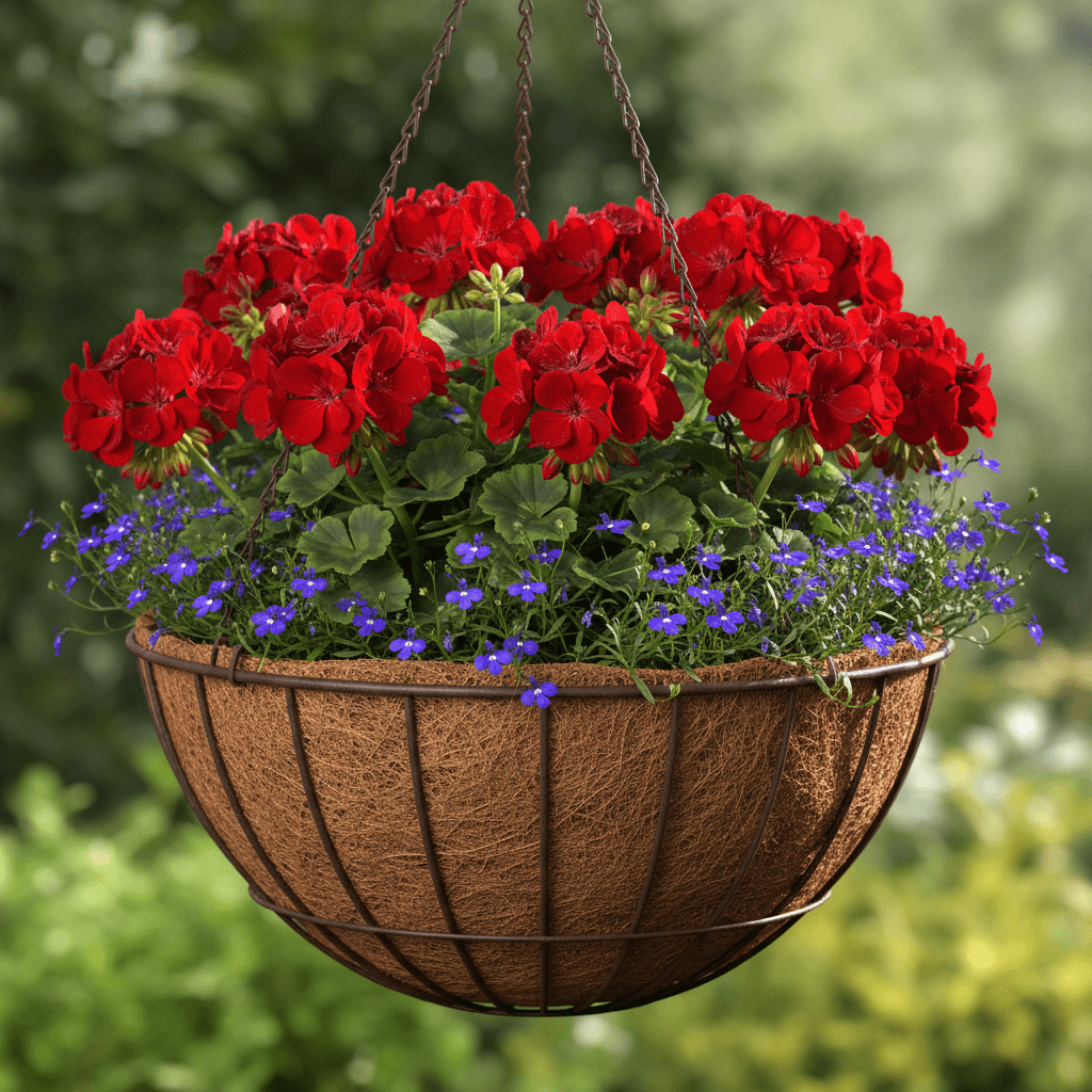 close of red flowers in coco liner in hanging basket