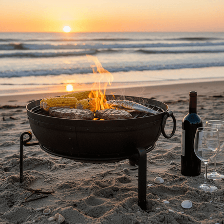 fire bowl on beach by sea