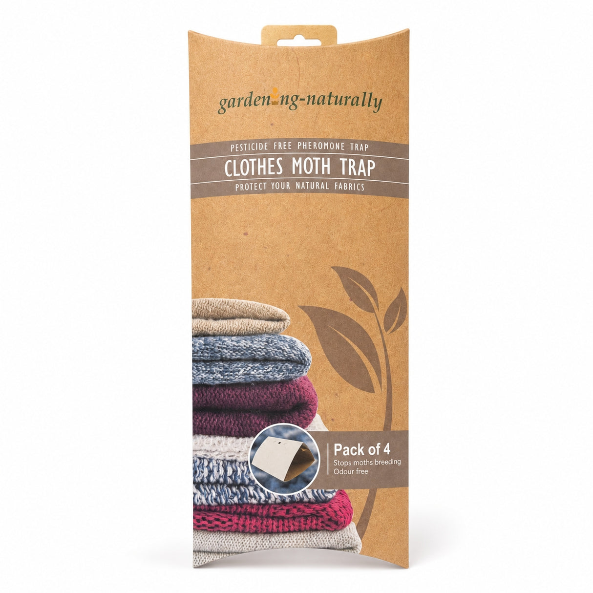 Clothes moth trap packaging with text and images of clothes on a white background