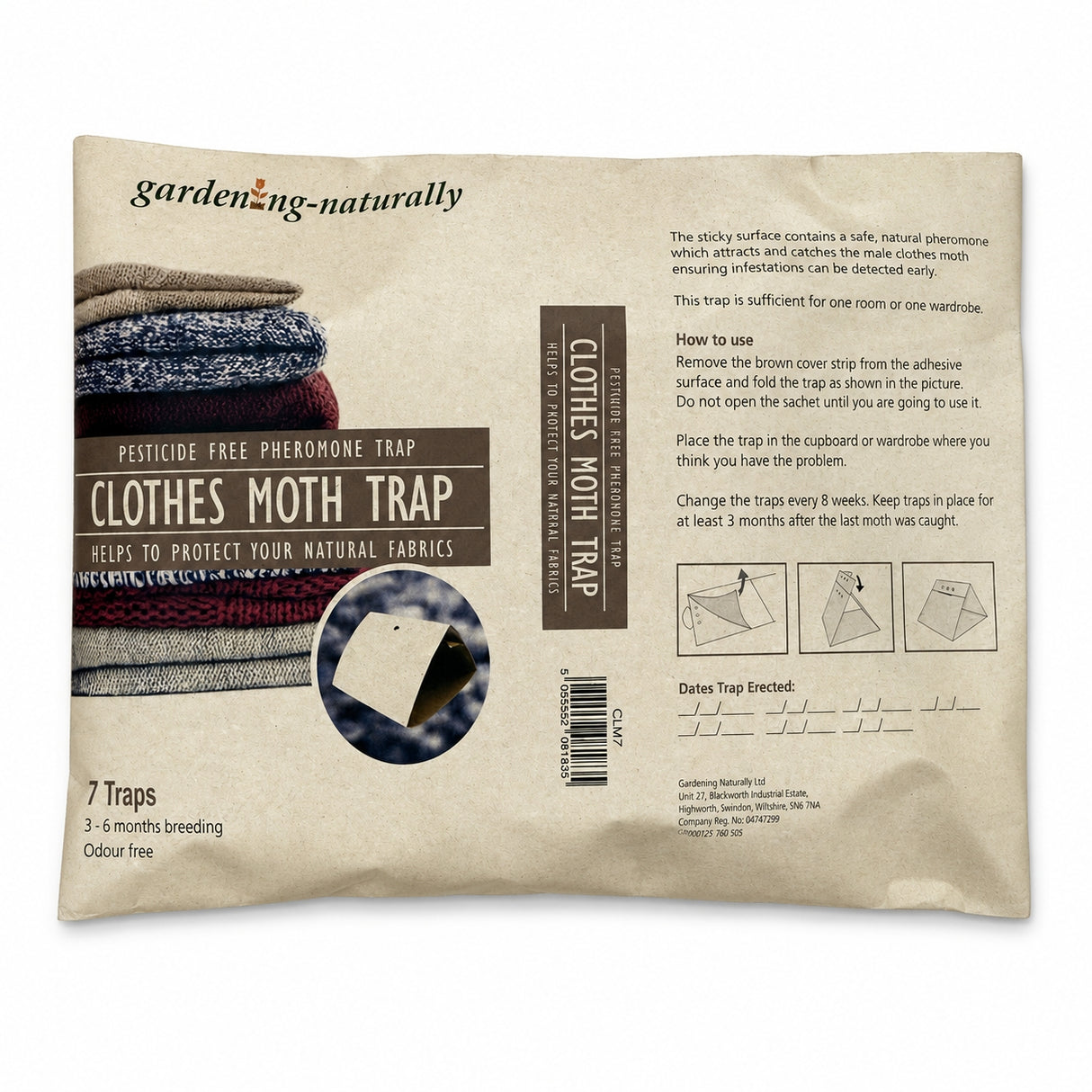 Package of gardening-naturally clothes moth trap with text and images on a beige background