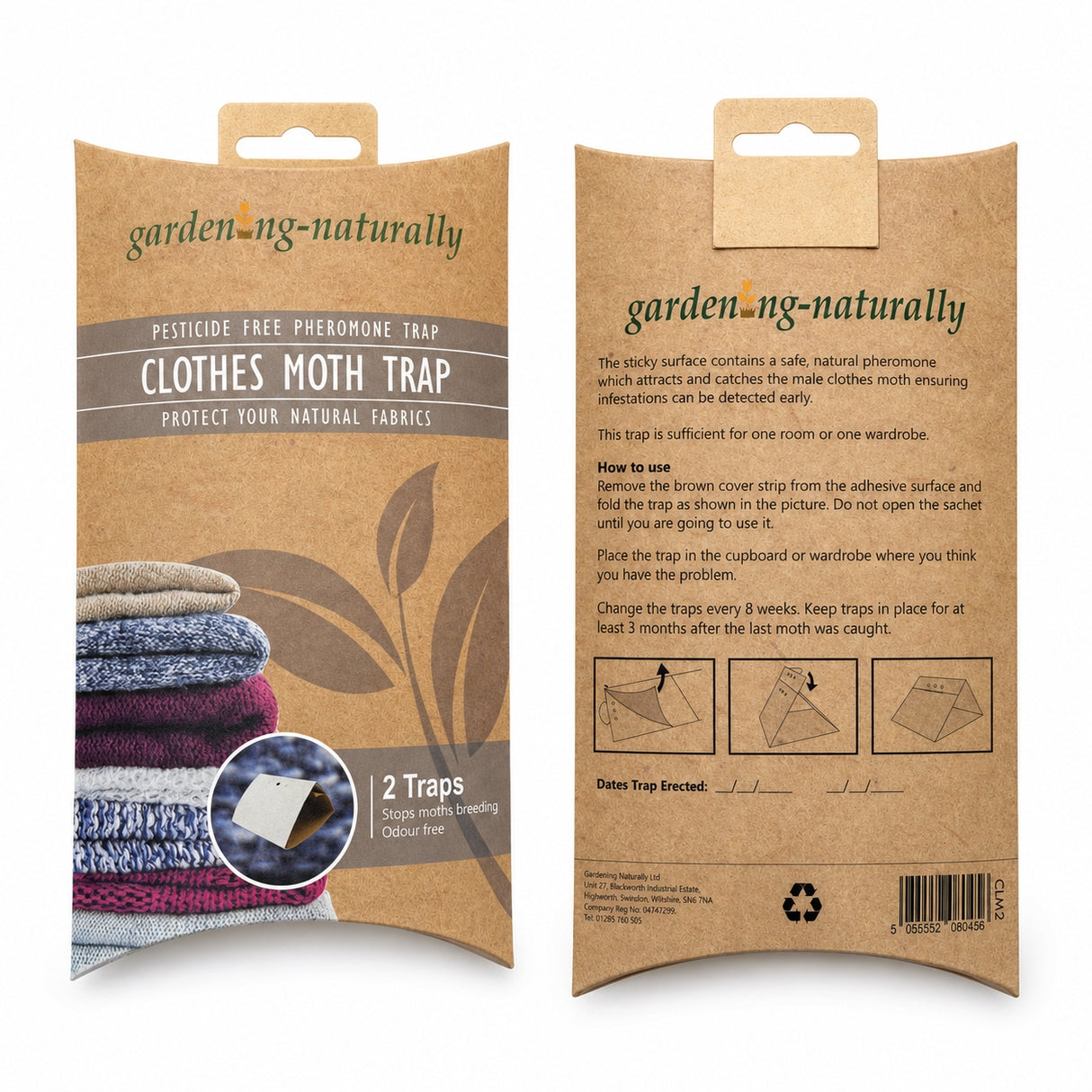 Garden-Naturally clothes moth trap packaging with text and images on a white background