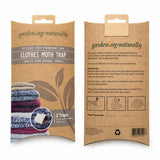 Garden-Naturally clothes moth trap packaging with text and images on a white background