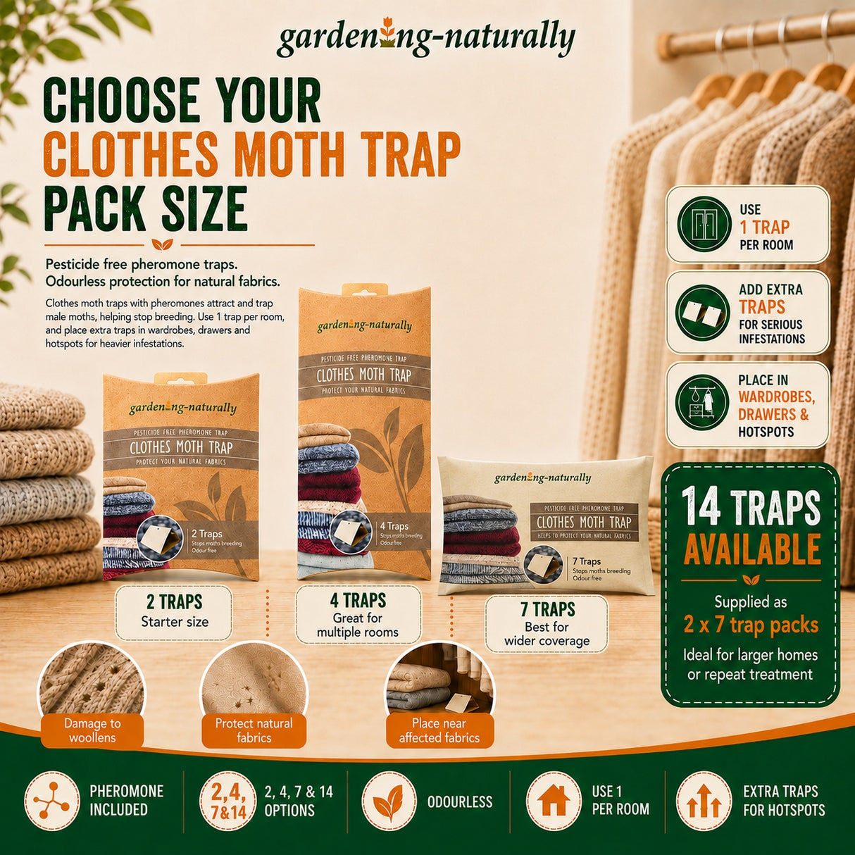 Gardening-Naturally clothes moth trap packaging with trap options and usage instructions.