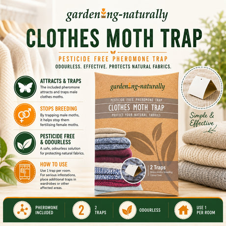 Gardening-Naturally clothes moth trap packaging with text and images of moths and fabrics.